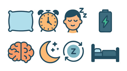 Sleep and relaxation flat icons set – wellness, rest, sleep cycle graphics