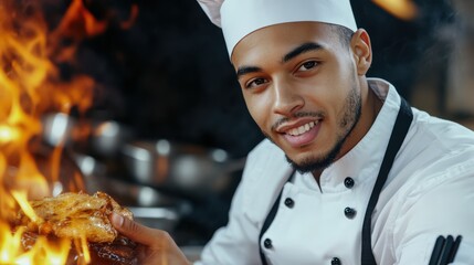The Art of Culinary Mastery: A chef skillfully prepares a succulent dish, their eyes reflecting the passion and expertise. Embracing the heat and crafting a meal