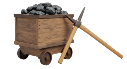 Isolated Wooden Mine Cart Full of Coal with Pickaxe