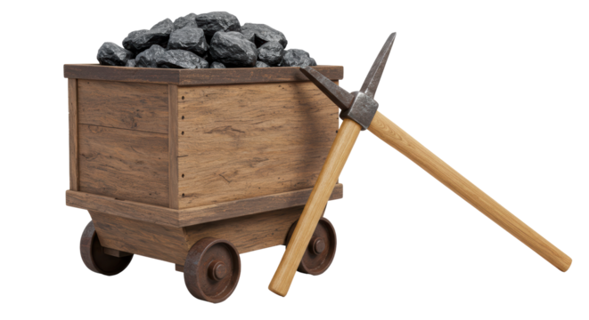 Isolated Wooden Mine Cart Full of Coal with Pickaxe