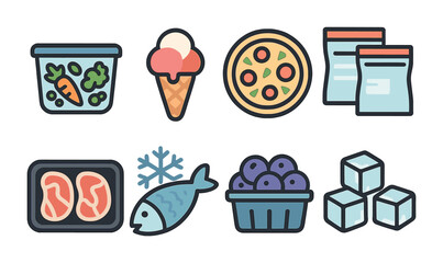 Food and grocery flat icons set – filled, shopping, meal preparation graphics