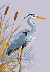 Fototapeta premium Elegant heron amidst marsh reeds reflections in water
