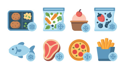 Fototapeta premium Frozen food flat icons set – packed, chilled, freezer meal symbols