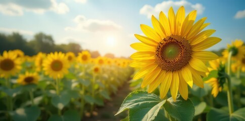 Obraz premium A vibrant sunflower, numerous broad leaves splayed across sun-drenched earth , ray florets, helianthus, sunflower
