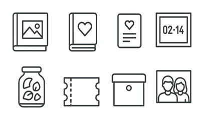 Memories and moments line icons set – outline, linear, scrapbook and photo symbols