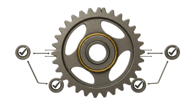 Isolated Industrial Gear with Multiple Checkmark Process Quality Indicators