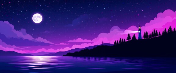 Naklejka premium Serene nighttime coastal landscape with bright full moon and lighthouse illuminating the dark forested shore