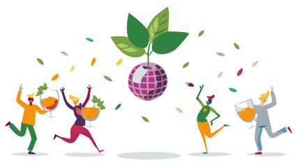 People celebrating with drinks under a disco ball with leaves and confetti falling around them in a festive scene