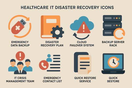 Healthcare it disaster recovery icons set &ndash; flat, emergency, backup solutions