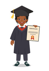 Little African girl student wearing graduation gown showing certificate diploma