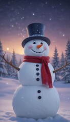 Obraz premium Charming snowman, starry night, snowy landscape, peaceful, whimsical