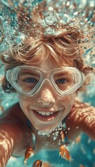 Fototapeta premium Underwater Adventure Young Boy Explores Colorful Coral Reef, Snorkeling in Tropical Water