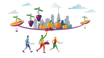 Fototapeta premium People carrying plates under a fruit skyline with cherries oranges and melon airships over a city view