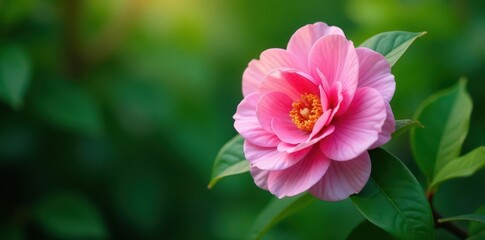 Obraz premium Delicate pink camellia, vibrant green foliage , plant arrangement, flower arrangement