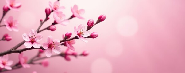 Naklejka premium Delicate cherry blossom branch, soft pink backdrop, gentle shadows , cherry blossom, plant