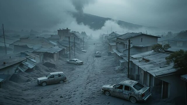 Aftermath of a Volcanic Eruption Town Covered in Ash and Debris