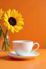 Delicate porcelain cup, vibrant sunflowers, minimalist orange table , bright, delicate