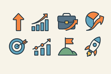 Business growth flat icons set – success, strategy, achievement symbols