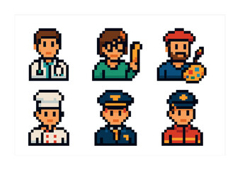 Obraz premium Pixel art illustrations of various professions for digital designs