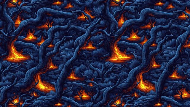 Stylized Lava Flowing Through Blue Forest Seamless Loop Animation