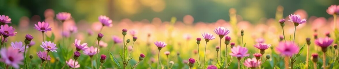 Fototapeta premium Pastel pink and purple wildflowers carpet a tranquil landscape bathed in clear sunlight , summer, bright
