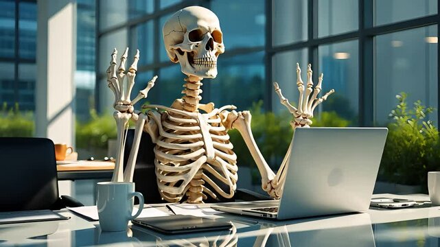Human skeleton sitting at office desk with raised arms in front of open laptop and coffee mug in modern workspace with glass windows

