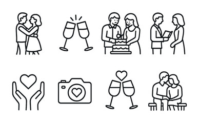 Wedding celebration line icons set – linear, outline, marriage and love symbols