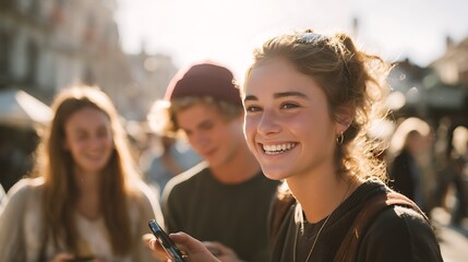 Obraz premium Young woman with high ponytail smiling while holding phone in warm sunlight, capturing happy moments on social media, standing casually on street with joyful friends in background.