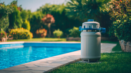 Naklejka premium Pool filter system standing on the grass near a swimming pool with lush green trees in the background