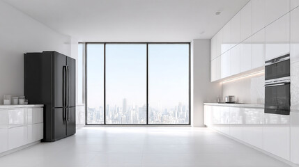 Fototapeta premium A modern kitchen with a black refrigerator and a large window showing a city skyline in the background