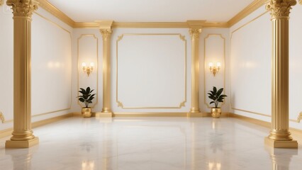 Luxurious empty interior with golden decor and marble floor suitable for backgrounds