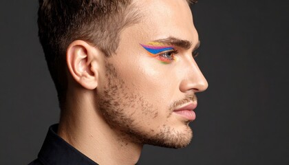 Fototapeta premium Artistic expression, man with vibrant face paint showcasing cultural and creative design