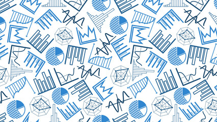 Seamless pattern of blue and black data charts and graphs on a white background representing statistics