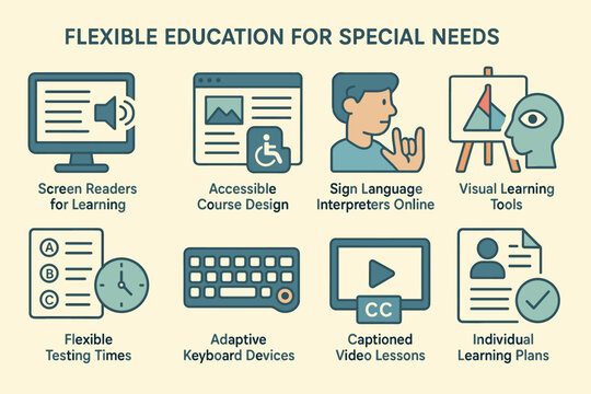 Flexible education icons set – flat, accessible tools for special needs learning