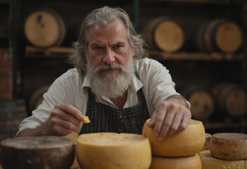 Artisan cheesemaker examining cheese wheels in a rustic workshop