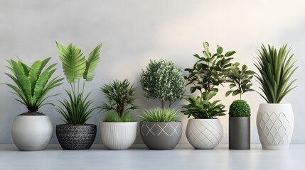 Obraz premium Arrangement of various potted plants on a light background.