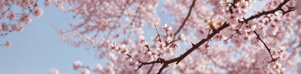 Obraz premium Abundant cherry blossoms, pink and white petals on branches, sunny day, tree, landscape