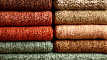 Stacked Colorful Textured Towel Rolls in Earthy Tones and Knitted Patterns