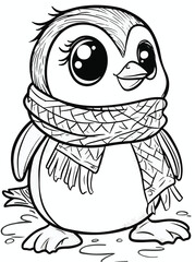 Cute Penguin in Scarf – Coloring Book Line Art