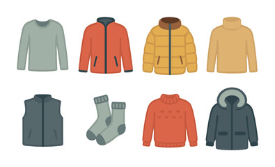 Winter clothing flat icons set &ndash; filled, apparel, fashion symbols for design