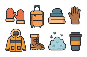 Winter clothing filled icons set – cozy, warm, apparel symbols