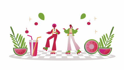 Illustration of two people roller skating on a checkered floor with watermelon slices and drinks around them