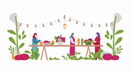 Illustration of a farmers market with three women selling produce under string lights and foliage