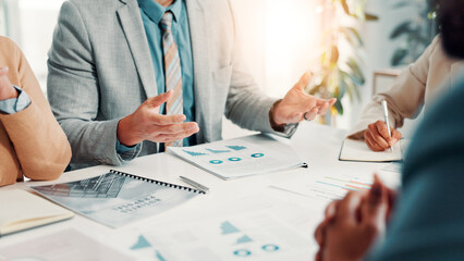 Paperwork, hands and business people in office for discussion with finance statistics, graphs or data. Documents, meeting and financial managers with company investment, revenue or dividend reports.