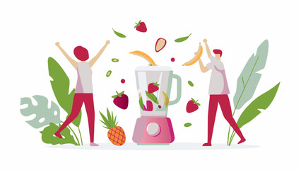 People preparing healthy smoothie with blender and fresh fruits like strawberry and banana in a kitchen setting