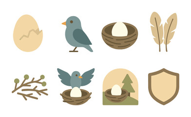 Bird and nest flat icons set – eggs, wildlife, and nature symbols