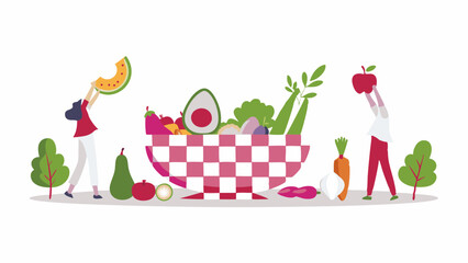 People holding watermelon and apple next to a checkered bowl full of fruits and vegetables on a white background