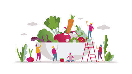 Illustration of people around a large bowl filled with vegetables and fruits in a colorful design