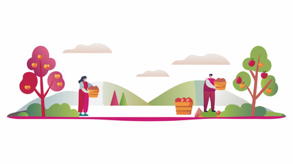People harvesting apples in an orchard with trees, baskets, hills and clouds on a white background