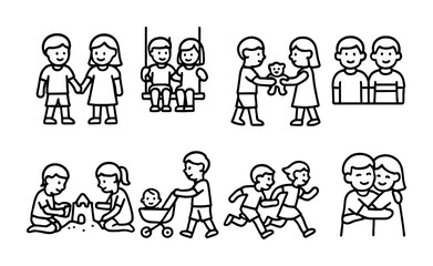 Children activities outline icons set – play, family, and kindergarten symbols